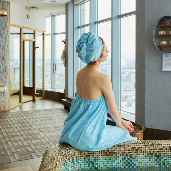 Набор для бани Spa day жен.парео 80х150±4 см, чалма, 100% хл., ваф.полотно, голубой