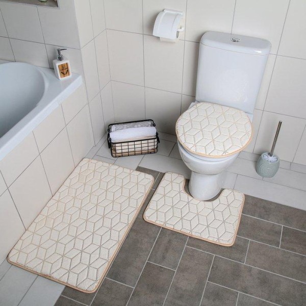 Набор ковриков для ванны и туалета Доляна «Геометрик», 3 шт: 35×40, 40×50, 50×80 см, цвет молочный